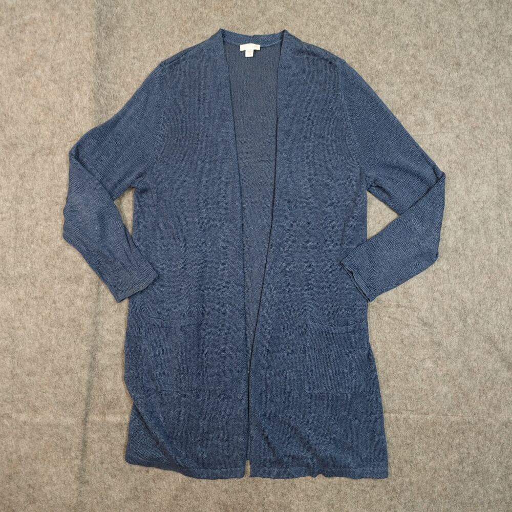 J. Jill Cardigan Womens‎ Large Petite Linen Open Front Knit Blue Beachy Long